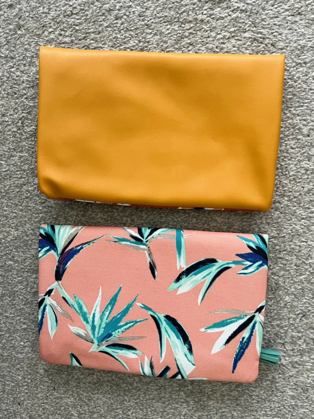 NWOT Rachel Pally Yellow Foldover Clutch & Pink Floral Teal Trim Clutch Duo